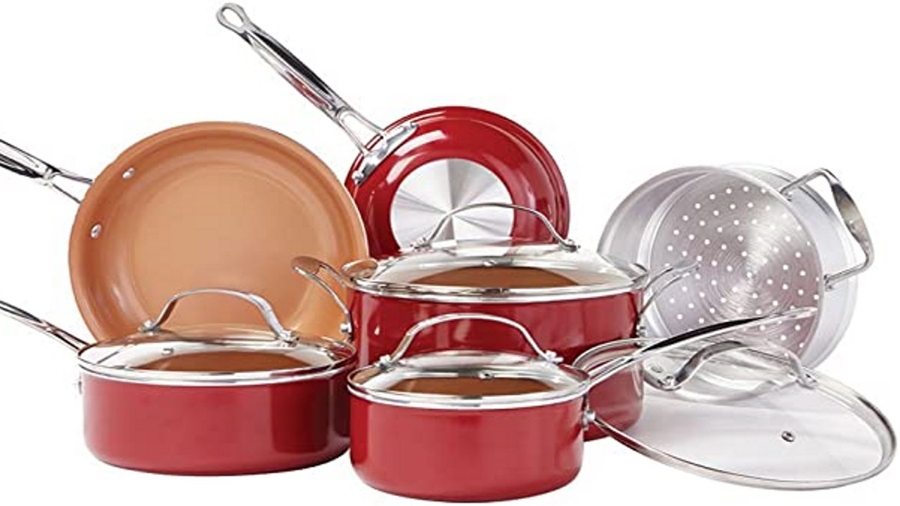 BulbHead Red Copper 10 PC Copper-Infused Ceramic Non-Stick Cookware Set