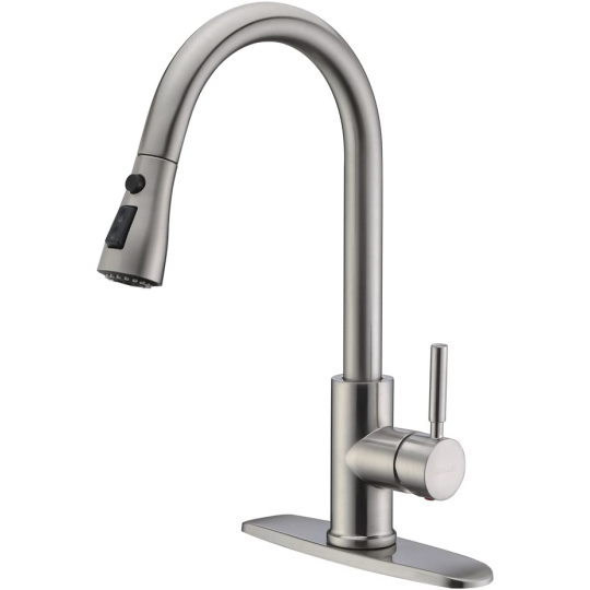 WEWE Single Handle High Arc Brushed Nickel Pull Out Kitchen Faucet